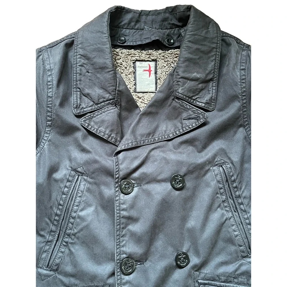 Relwen Mens Peacoat Sherpa Lined Anchor Button Coat, Size Medium